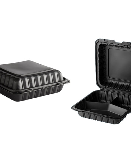 BLACK CONTAINER PLASTIC HINGED 9 X 9 3 COMP. 150/CS