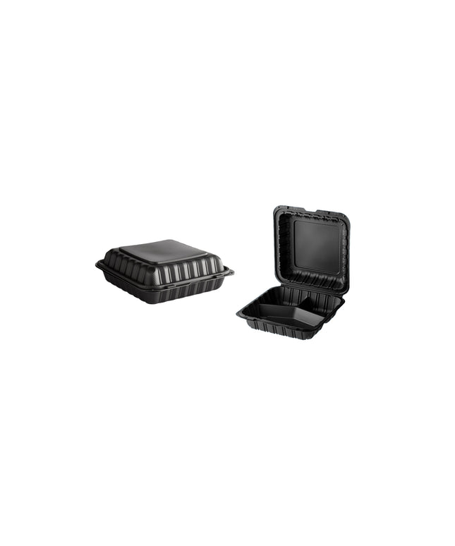 BLACK CONTAINER PLASTIC HINGED 9 X 9 3 COMP. 150/CS