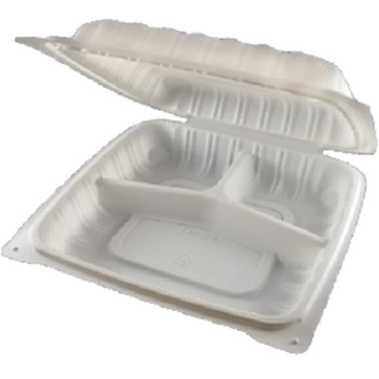 WHITE CONTAINER PLASTIC HINGED 9 X 9 3 COMP. 150/CS