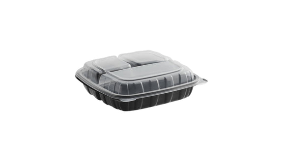 CONT.  HINGED10.5X9.5X3.2 BLACK BASE CLEAR LID 3 COMP. 100/CS