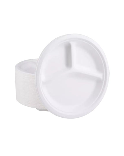 10" SUGARCANE WHITE ROUND PLATE 3 COMP 500/CS