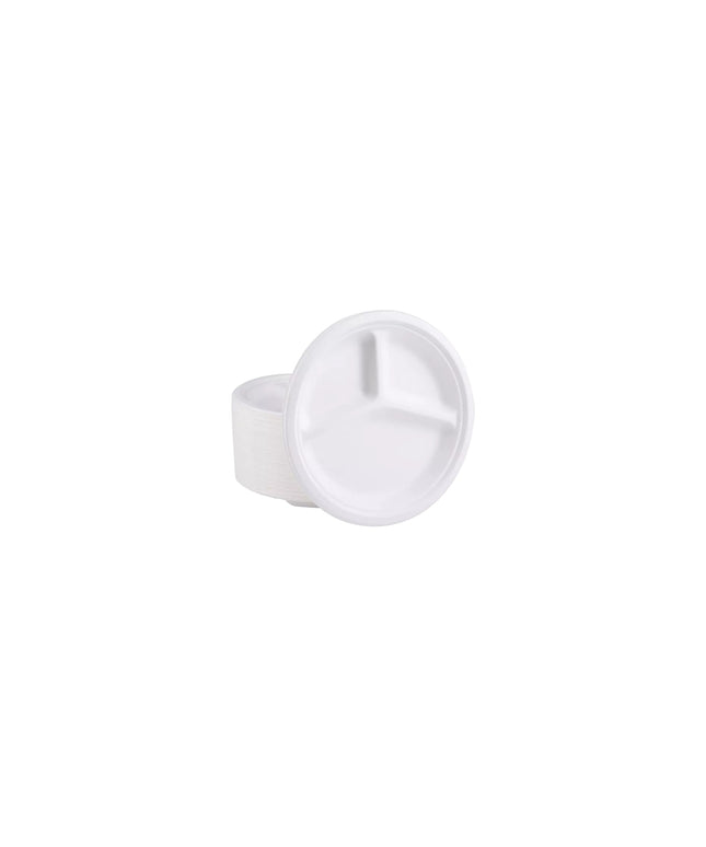 10" SUGARCANE WHITE ROUND PLATE 3 COMP 500/CS